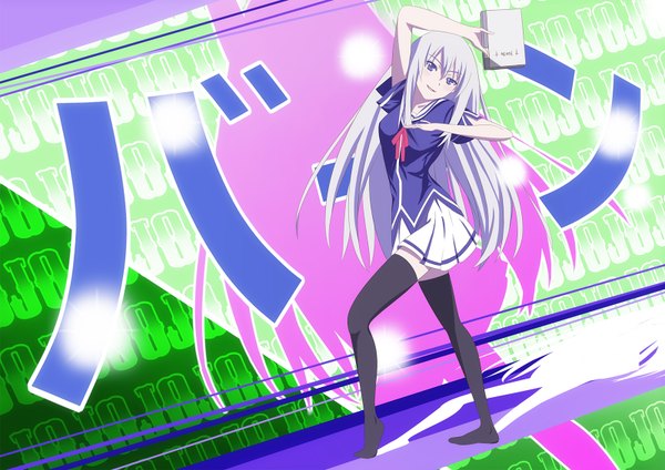 Anime picture 1600x1132 with ore no kanojo to osananajimi ga shuraba sugiru a-1 pictures natsukawa masuzu single long hair blush purple eyes white hair girl thighhighs skirt uniform black thighhighs school uniform miniskirt