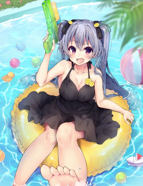Anime picture 1000x1300 with original momoirone single long hair tall image looking at viewer blush fringe open mouth smile hair between eyes sitting purple eyes twintails holding payot cleavage bent knee (knees) outdoors :d