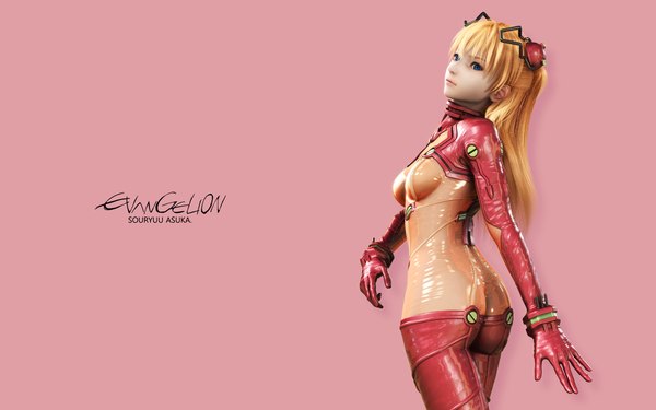 Anime picture 1920x1200 with neon genesis evangelion gainax soryu asuka langley ikedan single long hair highres blue eyes light erotic simple background wide image ass looking back orange hair realistic inscription girl bodysuit pilot suit