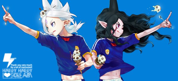 Anime picture 1500x692 with inazuma eleven inazuma eleven go inazuma eleven go galaxy gandaresu baran ryugeru baran yanyo (ogino atsuki) long hair black hair simple background red eyes wide image purple eyes white hair pointy ears multiple boys facial mark blue background pointing boy uniform