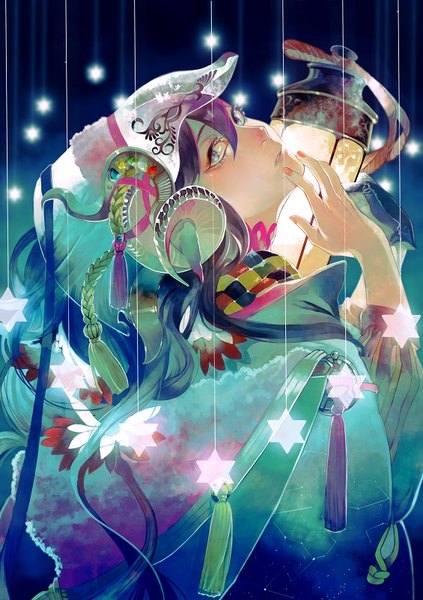 Anime picture 565x800 with original fasna single long hair tall image looking at viewer blush fringe blue eyes hair between eyes holding blue hair upper body nail polish parted lips multicolored hair horn (horns) blurry finger to mouth gradient hair