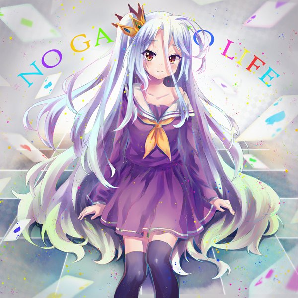 Anime picture 1000x1000 with no game no life madhouse shiro (no game no life) teka single long hair looking at viewer blush smile hair between eyes brown eyes white hair loli copyright name one side up checkered floor girl thighhighs skirt uniform