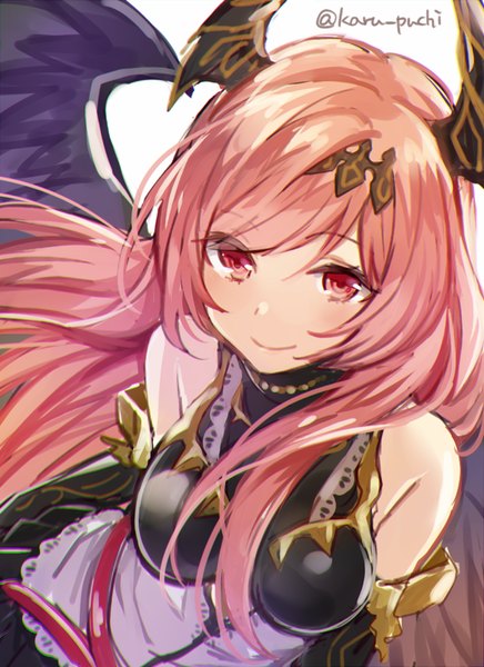 Anime picture 582x800 with shingeki no bahamut dark angel olivia karu-puchi single long hair tall image looking at viewer blush fringe breasts simple background smile white background bare shoulders signed payot pink hair pleated skirt horn (horns) from above