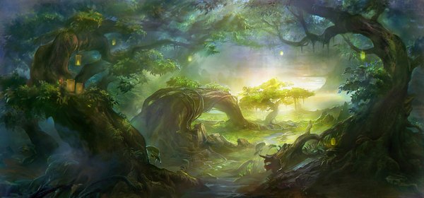Anime picture 1920x899 with rong rong (shenhaiyuyou) highres wide image light no people landscape river plant (plants) tree (trees) water forest lantern stone (stones)