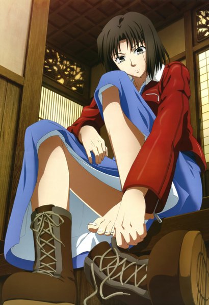 Anime picture 1200x1757 with kara no kyoukai type-moon ryougi shiki single tall image short hair black hair brown eyes japanese clothes jacket kimono thigh boots room