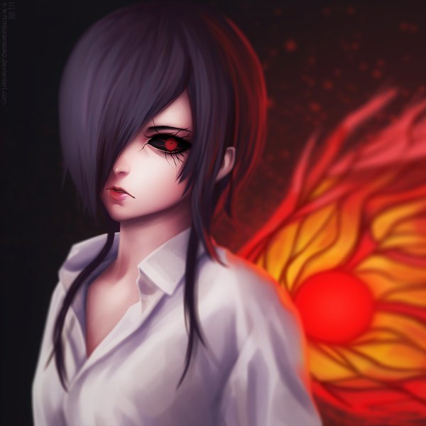 Anime picture 1280x1280 with tokyo ghoul studio pierrot kirishima touka miura-n315 single looking at viewer fringe short hair black hair red eyes standing payot parted lips hair over one eye realistic lipstick text portrait eyebrows open collar