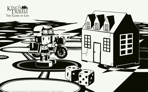 Anime picture 1920x1200 with kino no tabi kino (kino no tabi) hermes tama-neko single highres wide image signed wallpaper copyright name monochrome vector high contrast derivative work girl building (buildings) ground vehicle house motorcycle dice