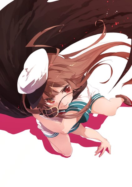 Anime picture 1736x2456 with kantai collection kuma light cruiser miwano rag single long hair tall image looking at viewer fringe highres red eyes brown hair standing from above short sleeves girl cloak beret