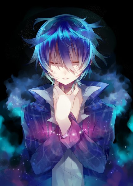 Anime picture 600x838 with shiki yuuki natsuno kudan (pixiv) single tall image short hair blue hair purple hair eyes closed multicolored hair aqua hair open clothes open jacket dark background choking boy shirt jacket white shirt