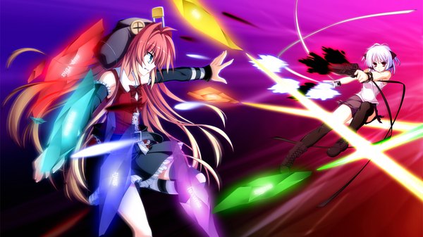 Anime picture 1280x720 with fortissimo//akkord:bsusvier (game) satomura momiji ooba kagerou long hair short hair red eyes wide image multiple girls green eyes game cg white hair red hair girl thighhighs weapon 2 girls