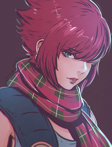 Anime picture 782x1024 with stray cat crossing koyoriin single tall image looking at viewer blush fringe short hair blue eyes simple background signed pink hair lips hair over one eye pink background girl scarf plaid scarf