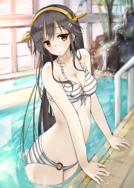 Anime picture 1296x1812 with kantai collection haruna battleship shirotaso0818 single long hair tall image looking at viewer blush light erotic black hair smile yellow eyes from above partially submerged remodel (kantai collection) girl hair ornament swimsuit bikini water