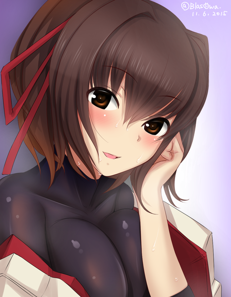 Anime picture 1000x1286 with kantai collection ise battleship blasowa single tall image looking at viewer blush fringe short hair breasts simple background smile brown hair large breasts brown eyes signed dated portrait purple background girl