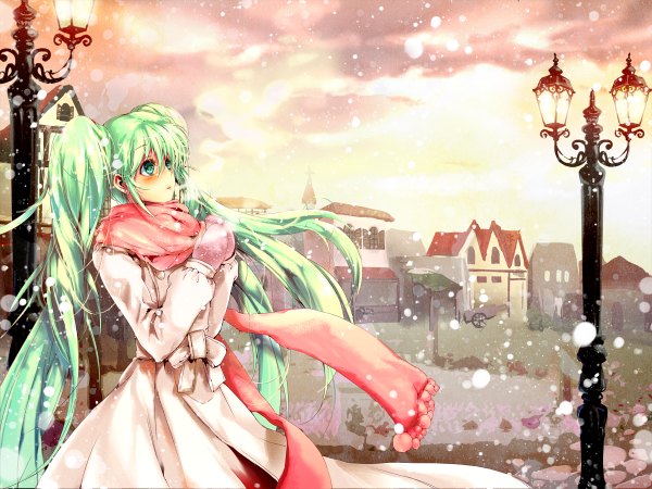 Anime picture 1200x900 with vocaloid hatsune miku soulberry (ayano) single long hair blush twintails green eyes green hair snowing winter snow exhalation steam girl scarf building (buildings) lantern winter clothes lamppost