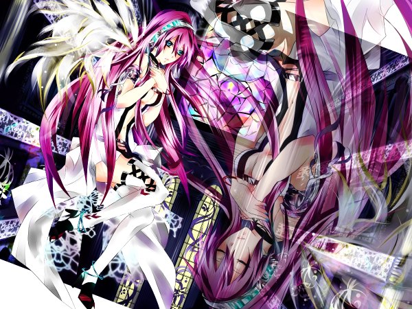 Anime picture 1200x900 with vocaloid megurine luka long hair blue eyes multiple girls pink hair eyes closed girl thighhighs 2 girls wings headphones stained glass