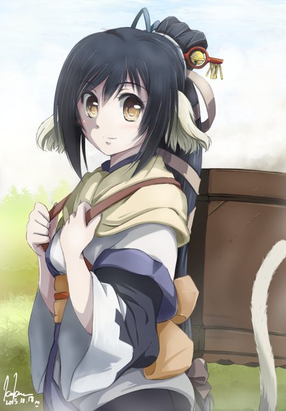 Anime picture 1000x1435 with utawareru mono: itsuwari no kamen white fox kuon (utawareru mono) kem kem single long hair tall image looking at viewer black hair brown eyes signed animal ears ponytail tail animal tail girl ribbon (ribbons) hair ribbon