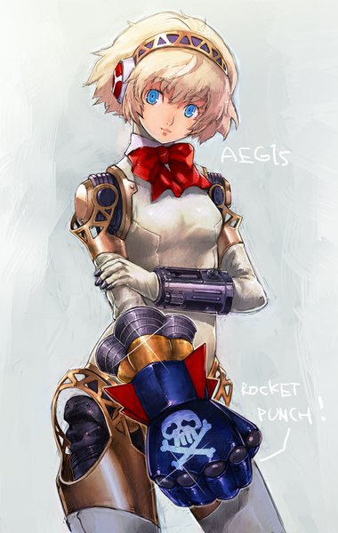 Anime picture 634x1000 with persona 3 persona aegis boyaking(sbf) single tall image short hair blue eyes simple background blonde hair looking away light smile inscription grey background girl headphones fist android