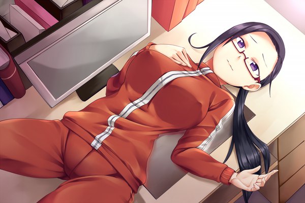Anime picture 1012x675 with demi-chan wa kataritai a-1 pictures satou sakie rixch single long hair looking at viewer breasts light erotic black hair purple eyes ponytail indoors lying from above on back huge breasts covered nipples teacher girl