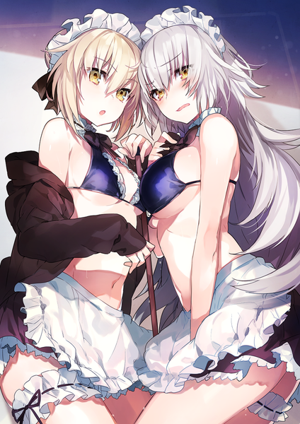 Anime picture 849x1200 with fate (series) fate/grand order fate/apocrypha artoria pendragon (all) jeanne d'arc (fate) (all) jeanne d'arc alter (fate) jeanne d'arc (fate) artoria pendragon (alter swimsuit rider) (fate) mika pikazo long hair tall image looking at viewer blush fringe short hair breasts open mouth light erotic blonde hair hair between eyes