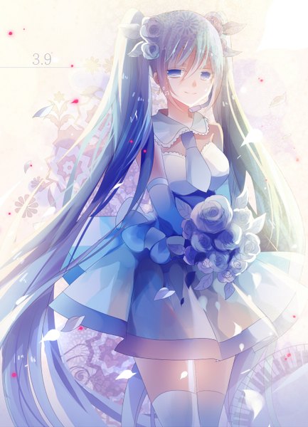 Anime picture 1039x1439 with vocaloid hatsune miku filiananna single tall image blue eyes white background twintails blue hair very long hair hair flower girl thighhighs dress gloves hair ornament flower (flowers) petals white thighhighs elbow gloves