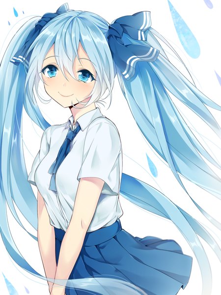 Anime picture 1200x1600 with vocaloid hatsune miku mery (yangmalgage) single long hair tall image blush blue eyes simple background smile white background twintails blue hair girl uniform bow hair bow school uniform water drop