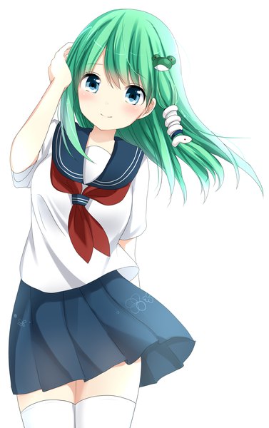Anime picture 2207x3507 with touhou kochiya sanae ominome single long hair tall image looking at viewer blush fringe highres blue eyes simple background smile standing white background green hair wind leaning zettai ryouiki hand on head