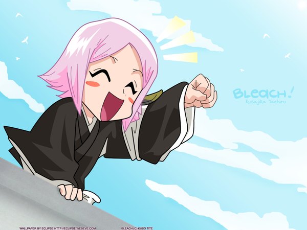 Anime picture 1600x1200 with bleach studio pierrot kusajishi yachiru single blush short hair open mouth payot pink hair sky cloud (clouds) eyes closed long sleeves traditional clothes japanese clothes wide sleeves outstretched arm happy girl kimono