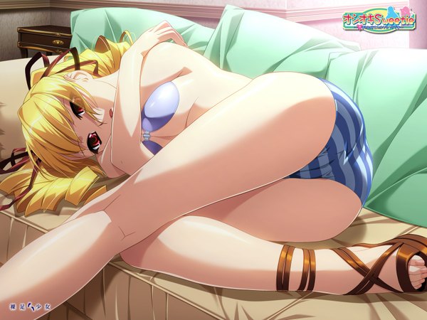 Anime picture 1600x1200 with oshioki sweetie shinmeiji rinn ino long hair looking at viewer breasts open mouth light erotic blonde hair red eyes twintails game cg bent knee (knees) ass lying bare legs :o legs underwear only drill hair