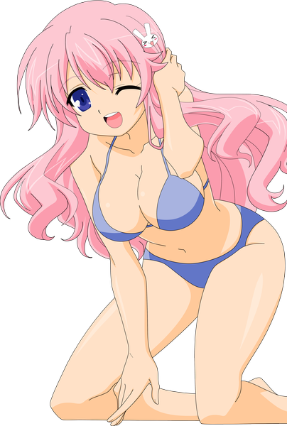 Anime picture 3783x5622 with baka to test to shoukanjuu silver link himeji mizuki single long hair tall image highres breasts open mouth blue eyes light erotic pink hair absurdres one eye closed wink transparent background girl navel swimsuit bikini