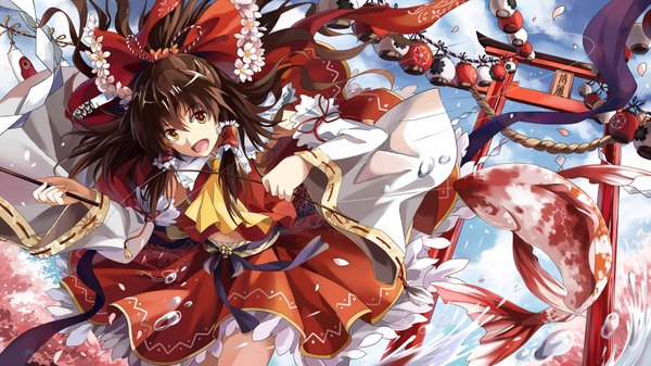 Anime picture 1789x1006 with touhou hakurei reimu neko (yanshoujie) tori (minamopa) single long hair highres open mouth brown hair wide image brown eyes girl skirt bow hair bow detached sleeves petals skirt set fish (fishes) torii