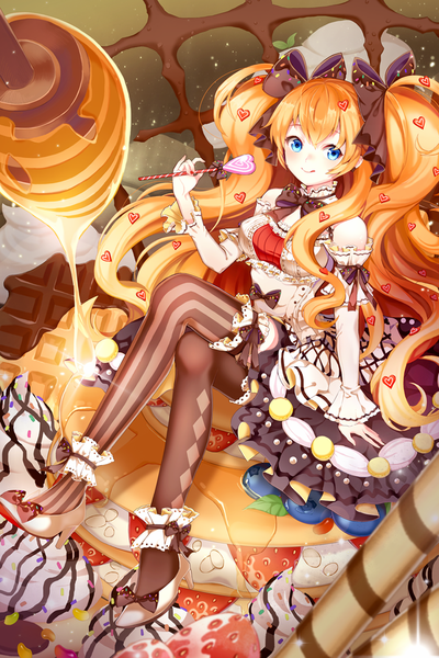 Anime picture 750x1125 with sword girls gotmil single tall image looking at viewer blush blue eyes smile twintails very long hair orange hair crossed legs girl thighhighs dress bow hair bow food frills sweets