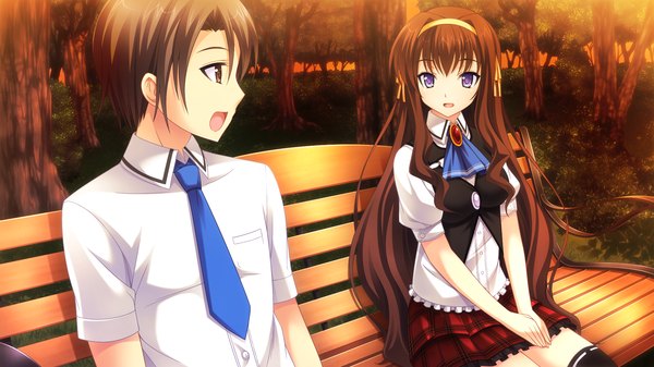 Anime picture 1920x1080 with anata no koto o suki to iwasete fujikura yukino long hair highres short hair brown hair wide image sitting purple eyes brown eyes game cg girl thighhighs boy uniform black thighhighs school uniform shirt necktie hairband