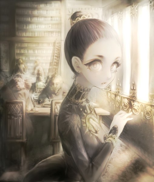 Anime picture 1200x1417 with original teyuruun tall image looking at viewer short hair black hair indoors from behind grey eyes hair bun (hair buns) hand on chest old man girl dress book (books) ring chair table shelf bookshelf
