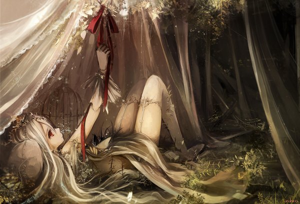Anime picture 1000x683 with original asahiro single red eyes signed lying very long hair grey hair on back looking up girl thighhighs ribbon (ribbons) plant (plants) white thighhighs curtains grass