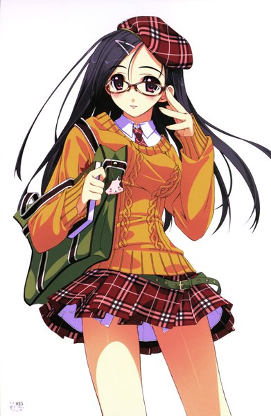 Anime picture 4552x6980 with original murakami suigun single long hair tall image looking at viewer blush fringe highres black hair simple background smile standing white background holding absurdres pleated skirt pink eyes plaid skirt striped