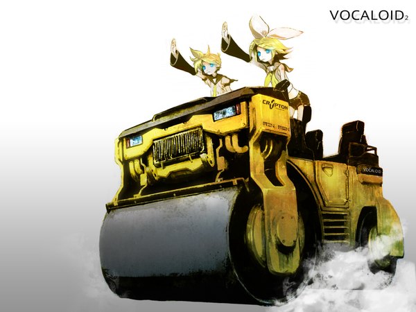 Anime picture 1600x1200 with vocaloid kagamine rin kagamine len huke short hair blue eyes blonde hair white background twins girl boy bow hair bow detached sleeves shorts ground vehicle car steamroller
