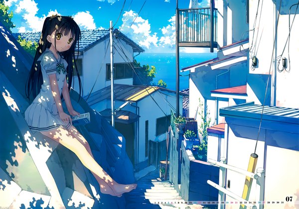 Anime picture 7038x4935 with 5 nenme no houkago (artbook) original nagisa (kantoku) kantoku single long hair looking at viewer blush highres black hair sitting brown eyes absurdres sky cloud (clouds) barefoot sunlight scan official art shadow