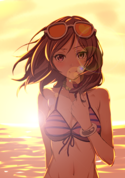 Anime picture 849x1200 with love live! school idol project sunrise (studio) love live! nishikino maki clearite single tall image looking at viewer short hair smile bare shoulders pink hair sky pink eyes wind sunlight bare belly evening sunset sunglasses on head