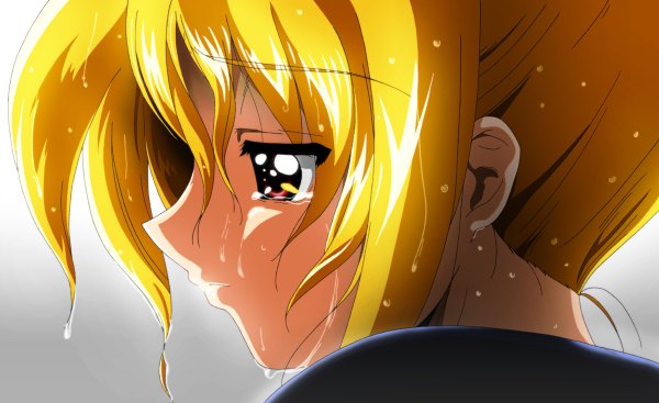 Anime picture 1200x734 with mahou shoujo lyrical nanoha mahou shoujo lyrical nanoha strikers fate testarossa single long hair blonde hair red eyes wide image profile tears close-up girl