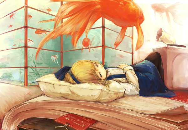 Anime picture 1225x850 with touhou alice margatroid yoss 3 short hair blue eyes blonde hair looking away lying underwater girl plant (plants) pantyhose pillow book (books) fish (fishes) suitcase