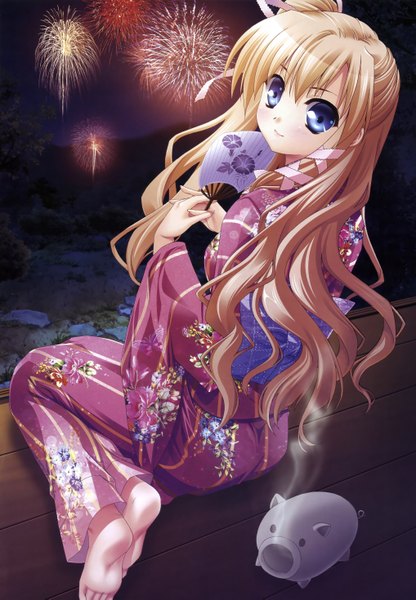 Anime picture 4071x5874 with purple software tall image highres blue eyes blonde hair absurdres japanese clothes fireworks girl kimono obi yukata
