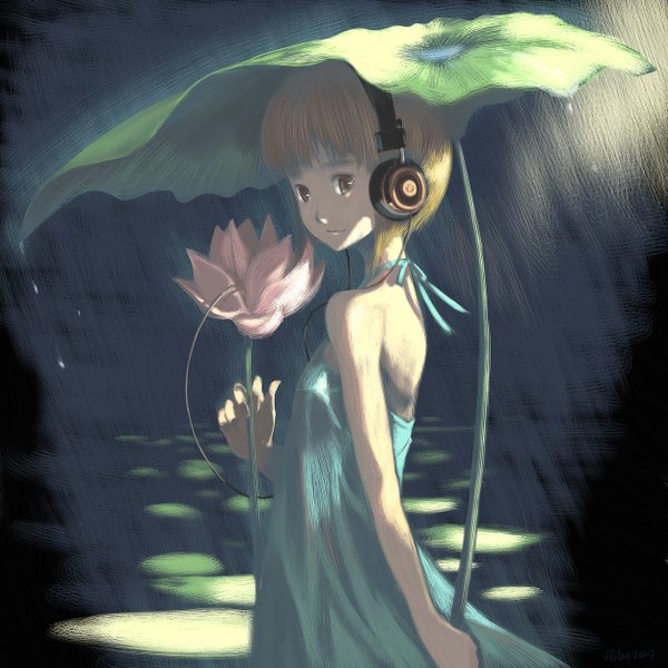 Anime picture 1250x1250 with original vofan single short hair blonde hair brown eyes rain girl dress flower (flowers) headphones umbrella