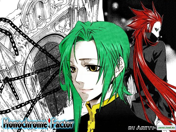 Anime picture 1024x768 with monochrome factor shisui (monochrome factor) homurabi (monochrome factor) long hair red hair green hair boy chain
