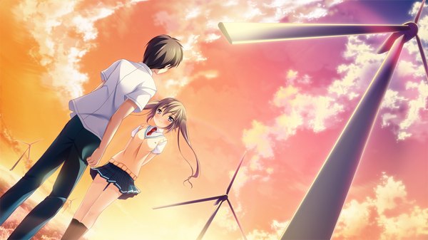 Anime picture 1280x720 with kono oozora ni tsubasa wo hirogete long hair blush brown hair wide image twintails purple eyes game cg cloud (clouds) couple evening sunset girl boy skirt uniform school uniform miniskirt wind turbine