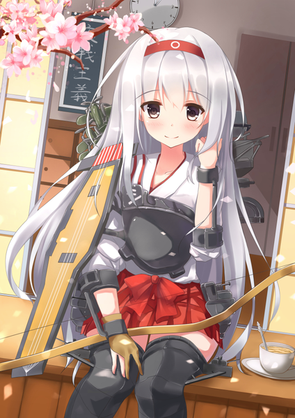 Anime picture 707x1000 with kantai collection shoukaku aircraft carrier suzuame yatsumi single long hair tall image looking at viewer blush fringe smile hair between eyes sitting brown eyes silver hair traditional clothes cherry blossoms adjusting hair girl thighhighs weapon
