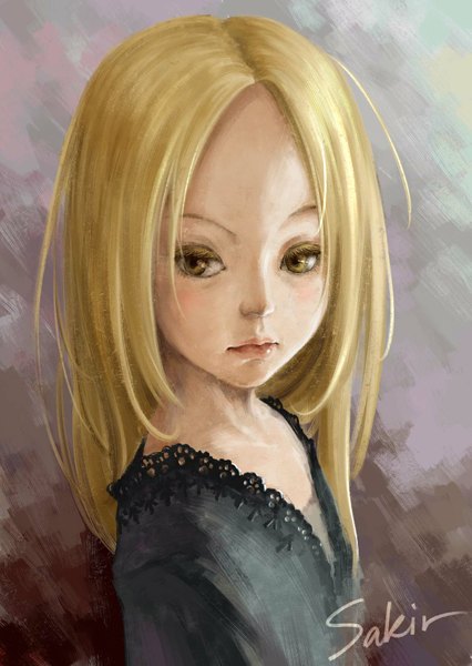 Anime picture 1240x1748 with usagi drop production i.g kaga rin sakir (artist) single long hair tall image blonde hair signed yellow eyes lips girl