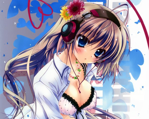 Anime picture 1280x1024 with original izumi tsubasu single long hair looking at viewer blush breasts open mouth blue eyes light erotic brown hair large breasts hair flower open clothes open shirt girl hair ornament flower (flowers) ribbon (ribbons) headphones