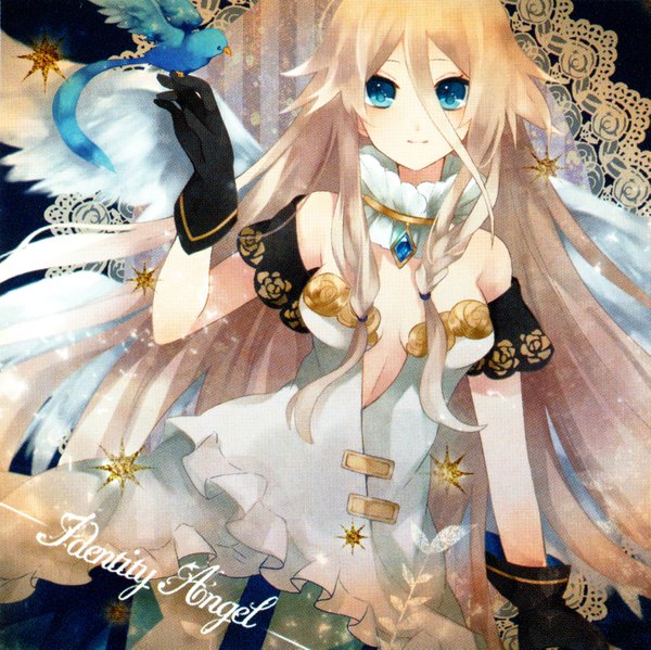 Anime picture 3430x3426 with vocaloid ia (vocaloid) ichinose (sorario) single looking at viewer blush fringe highres breasts blue eyes smile brown hair bare shoulders absurdres very long hair arm up inscription sleeveless angel wings bird on hand
