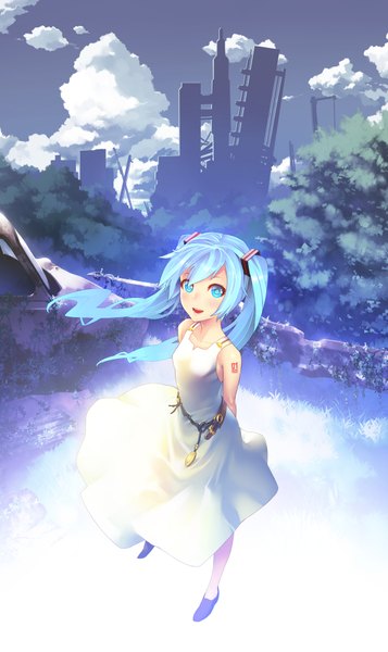 Anime picture 1073x1800 with vocaloid hatsune miku kunieda tall image blush smile twintails sky cloud (clouds) very long hair aqua eyes aqua hair cityscape girl plant (plants) grass sundress