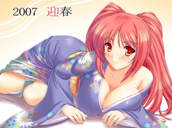 Anime picture 1203x900 with to heart 2 leaf (studio) kousaka tamaki single looking at viewer blush breasts light erotic large breasts twintails pink hair lying japanese clothes orange eyes breast press kimono